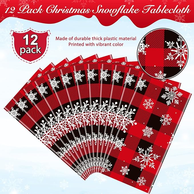12 Pieces Red and Black Buffalo Plaid Merry Christmas Party Tablecloth Decorations,Plastic White Snowflake Buffalo Plaid Sign Table Cover for Winter Christmas Holiday Party Supplies,54x108 inch