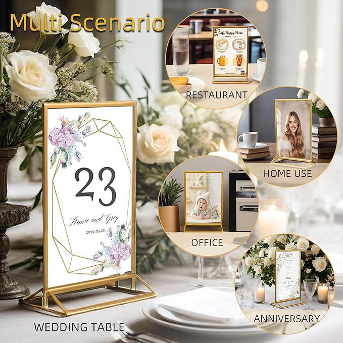 6 Pack Acrylic Sign Holder 5x7" Photo Frames, Double-sided Clear Menu Holder Gold Picture Frames for Wedding Table Numbers, Table Top Display Sign Stand Plastic Flyer Holder Vertical Paper Holder