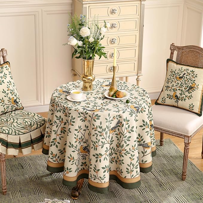 patdrea Designer Vintage Linen Round Table Cloth,Durable Breathable Cover Fall Dacorative Tablecloth,Decor Table Cover for Kitchen Dining,Holiday Christmas,Thanksgiving,Diameter 67"-Warbler