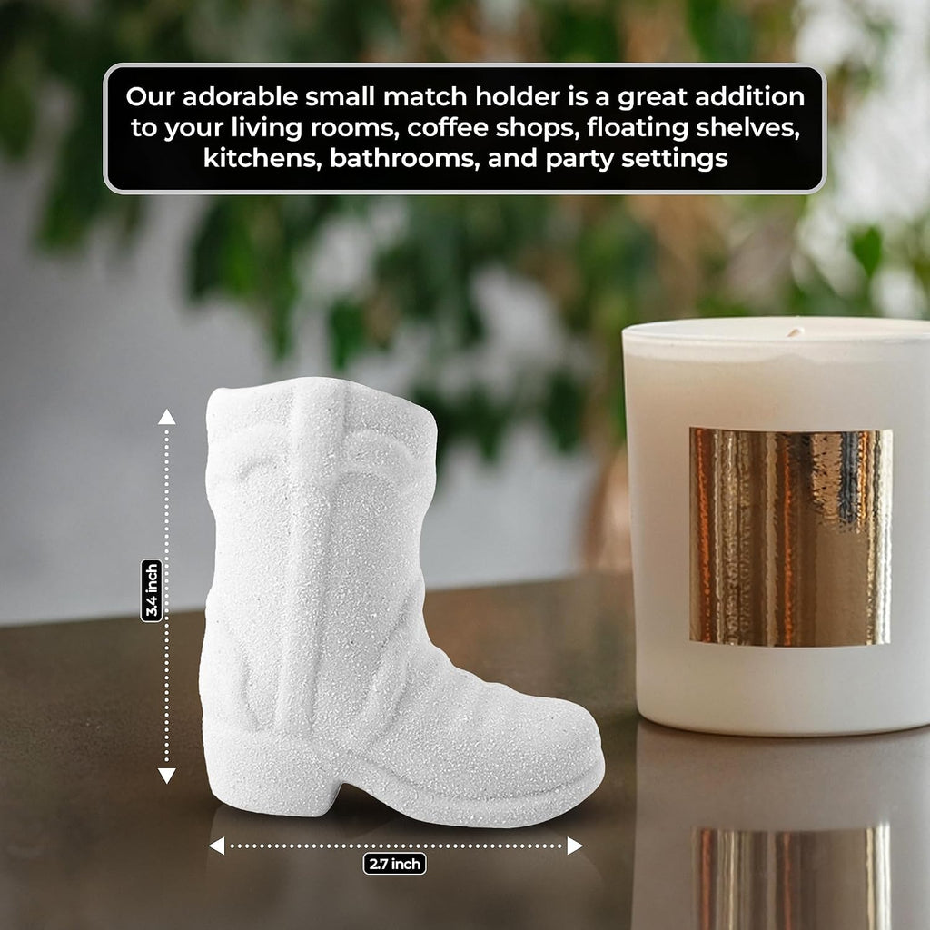 Cowboy Boot Match Holder with Striker – 1-Pack White Ceramic | Handmade Western Cowgirl Decor for Rustic, Farmhouse, or Aesthetic Homes
