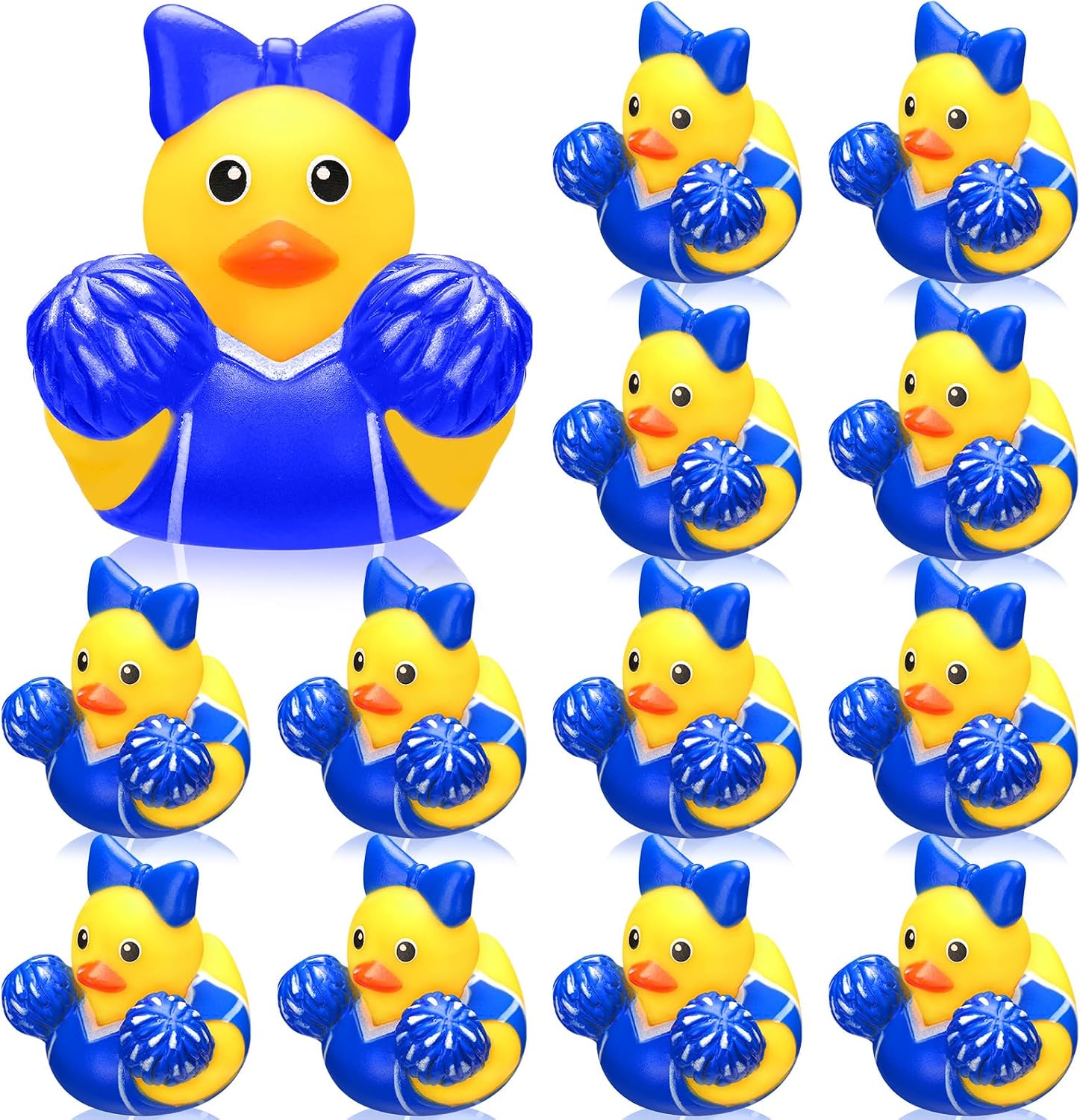 MiniInflat 12 Pcs Cheer Team Gifts Bulk Cheerleader Mini Rubber Ducks with Bows Cheer Party Favors Ducks Cheerleading Competition Gifts Accessories Goodie Bags Stuffers Party Decorations (Blue)