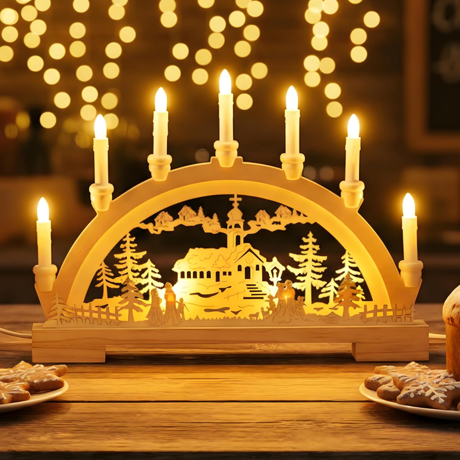 GloBrite Wooden Candle Bridge with 7 Warm White LED Candles | Battery Operated LED Lights Christmas Decorations | Arch Holders Candle Bridge for Indoor Home Decor