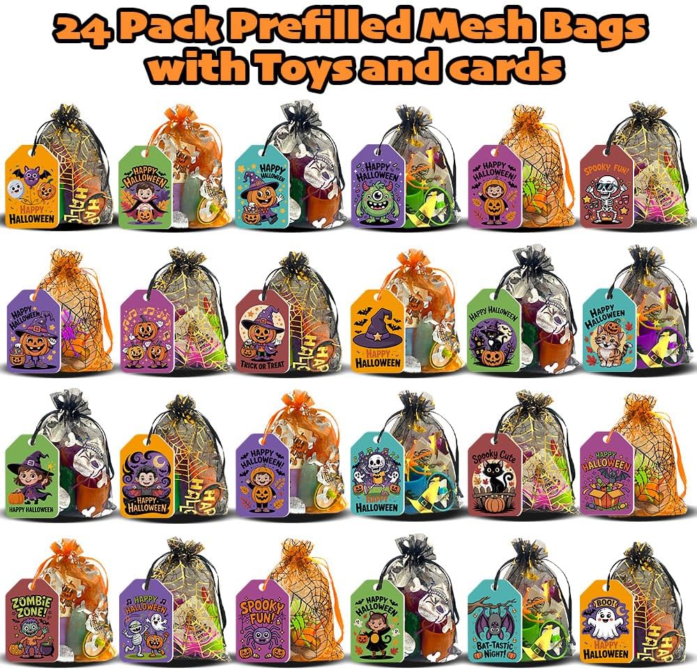VKTEN 24 Pack Halloween Party Favors for Kids–Prefilled Mesh Treat Bags with Toys, Gift Tags & Twine–Trick or Treat Goodie Bag Fillers, Classroom Prizes & Exchange Gifts
