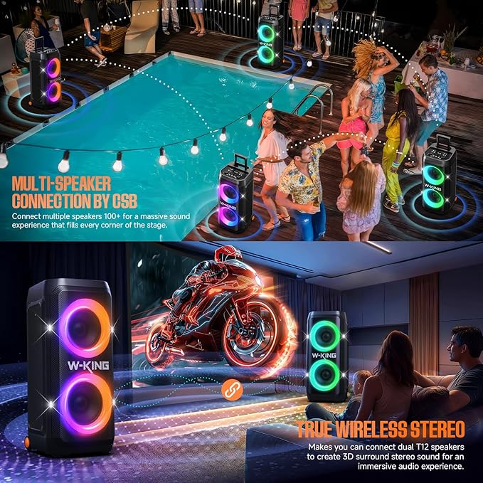 W-KING Portable Speaker Bluetooth Partybox Loud, 370W MAX Pro Sound, Deepest Bass,Large Outdoor Boom Box Wireless,Telescopic Handle&Sturdy Wheels, 25H, Futuristic Light,CSB,MIC&Guitar in,Fast Charge