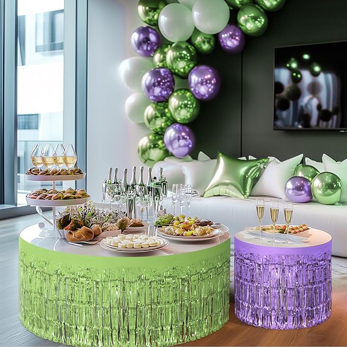 3 Pack Blue Green Purple Table Skirts, 29x108" Metallic Foil Tinsel Fringe Table Skirt for Rectangle Tables Streamer Curtains Backdrop, Party Decorations for Birthdays, Weddings, Holidays