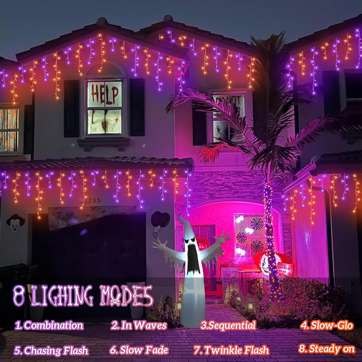 YEGUO 33ft 400 LED Orange and Purple Icicle Halloween Lights, 80 Drops Icicle...