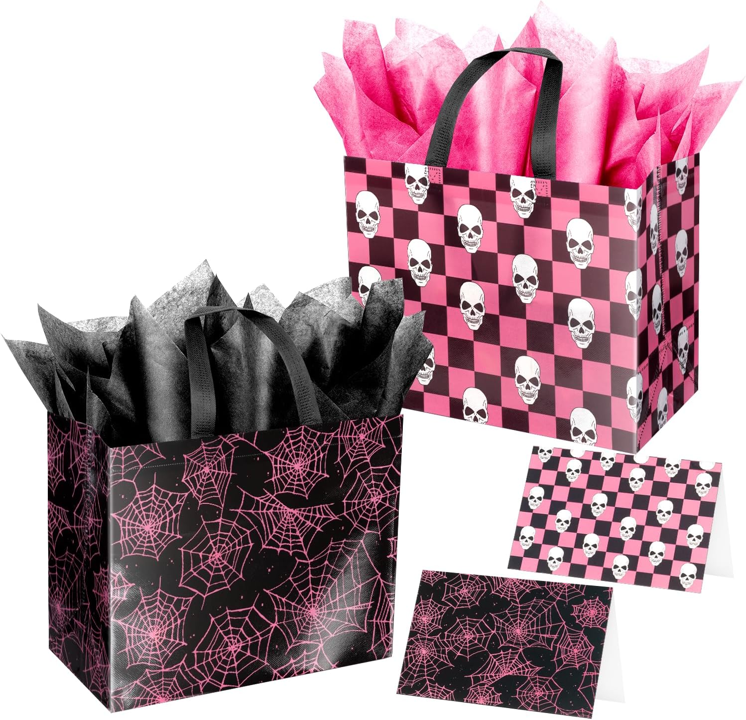 ysmile Halloween Skull Net Gift Bag with Tissue Paper for Men Women Boy Girl 12.6" 2 Pack Black Pink