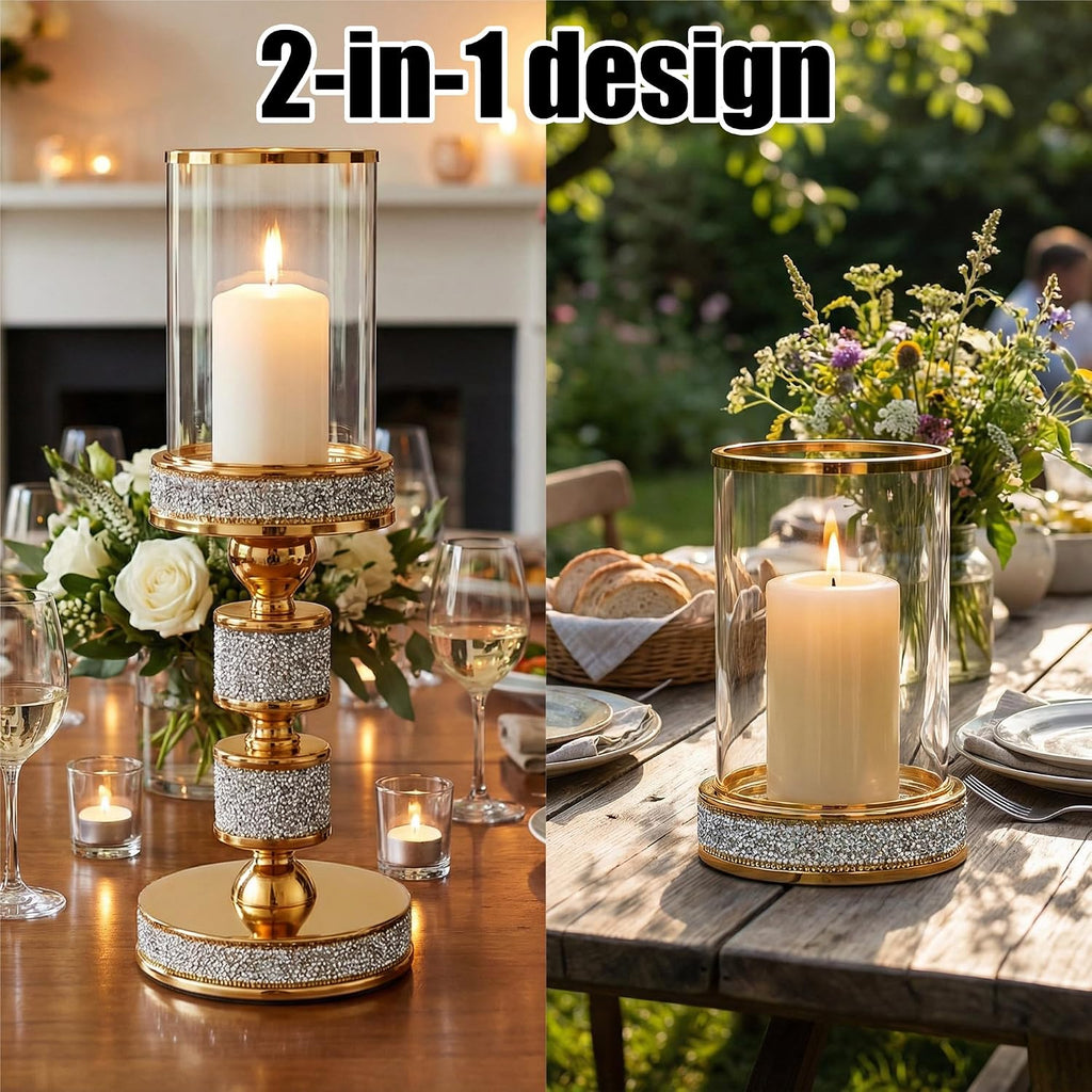 Hurricane Candle Holder, 13.5" Tall Metal Candle Stand, Glass Pillar Candle Holders, Crystal Gold Decorative Centerpieces for Table, Wedding and Dining Room (Fits Candles up to 3"x5", 2pcs, M)