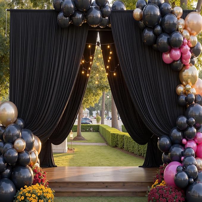 50x12ft Wrinkle Free Black Backdrop Curtain for Wedding Parties,10 Panels 5×12 ft Long Soft Silky Polyester Fabric Backdrop Drapes Black Photo Back Drop Curtains for Party Photography Background Cloth