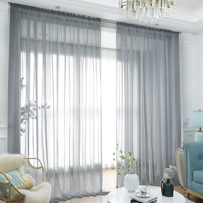 L&TEC Window Light Gray Sheer Curtains 90 Inches Long 2 Panels Sheer Curtain Basic Rod Pocket Panel for Bedroom Children Living Room Yard Kitchen (Light Gray, 52" W x 90" L | 2 pcs)