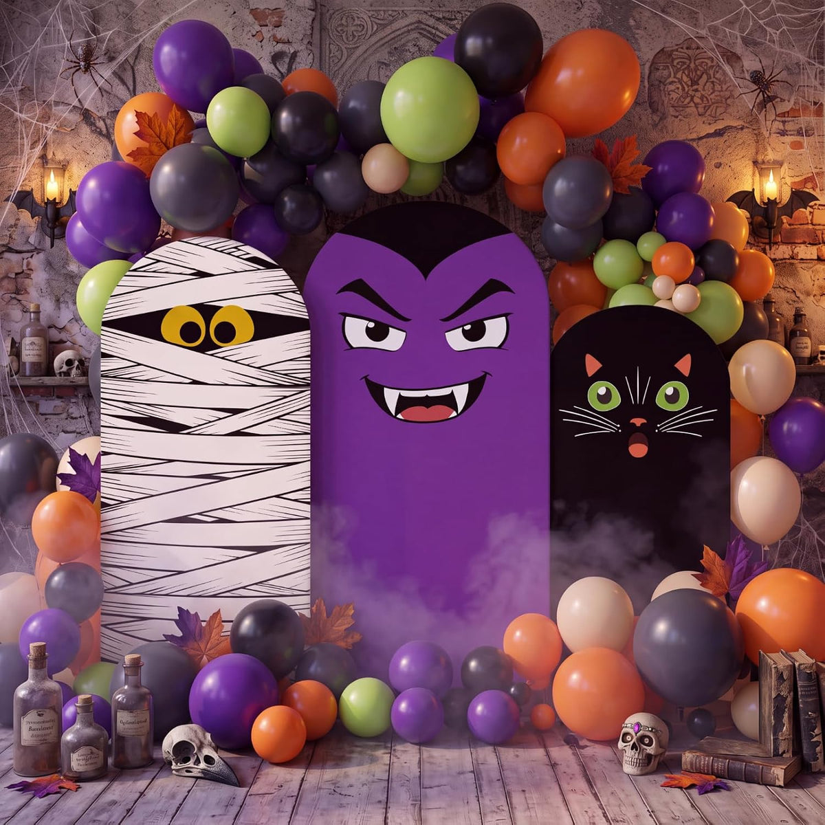 Moukeren 3 Pcs Halloween Black Cat Arch Backdrop Cover, 4ft 5ft 6ft Decor