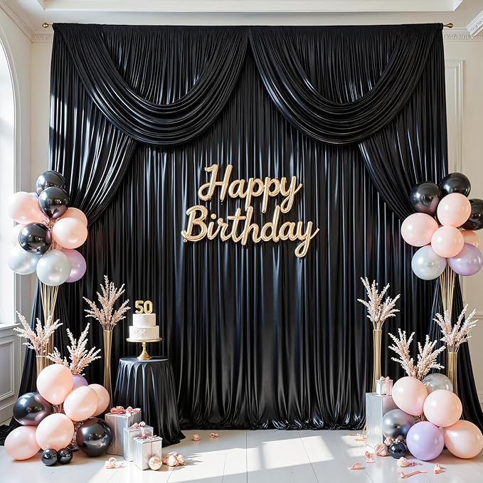 10x10 ft Black Glitter Backdrop Curtain for Parties, Wrinkle Free Satin Photo Backdrop Drapes 2 Panels 5x10FT Shimmer Back Drop Cloth for Wedding Birthday Halloween Photography Background Decor