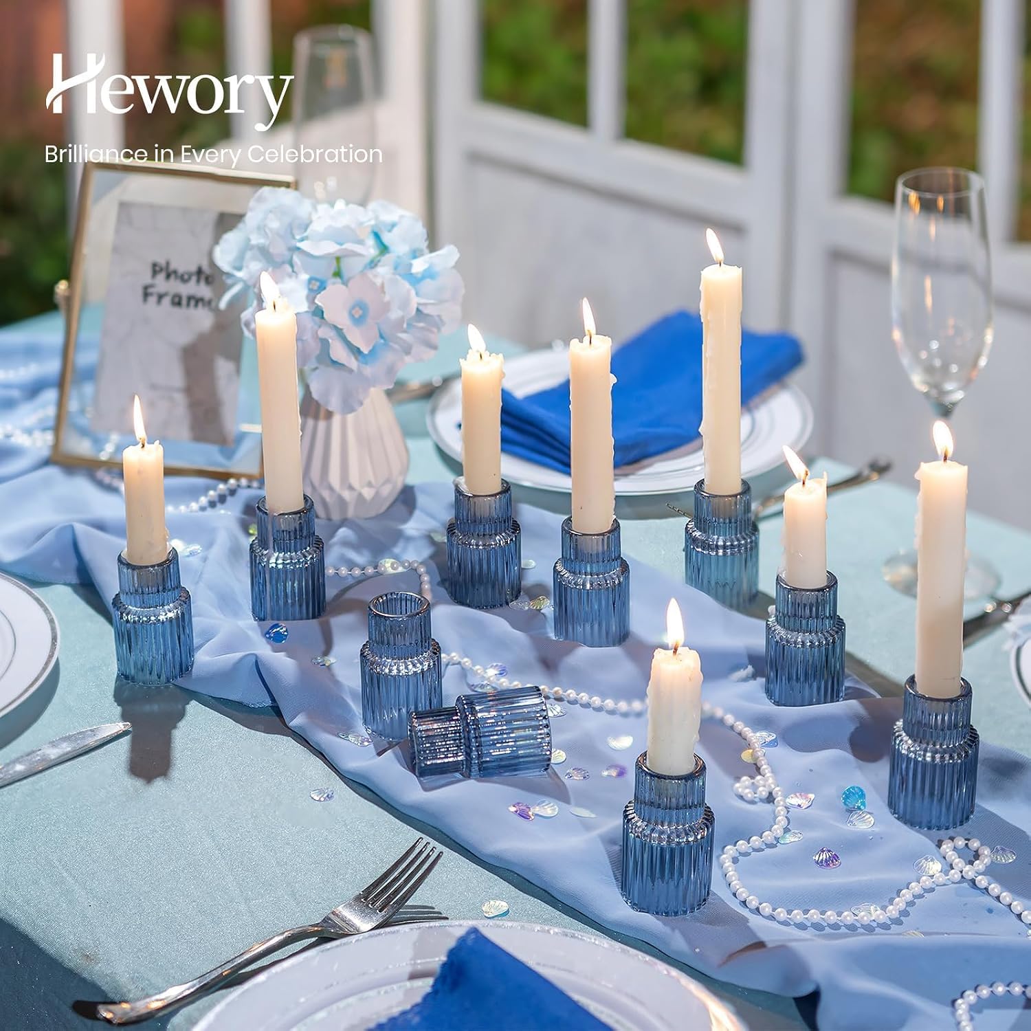 Hewory Glass Candlestick Candle Holder: 2PCS Blue Glass Taper Candle Holders for Table Centerpiece, Vintage Tapered Candlestick Holders for Christmas Centerpiece Wedding Party Holiday Home Decor