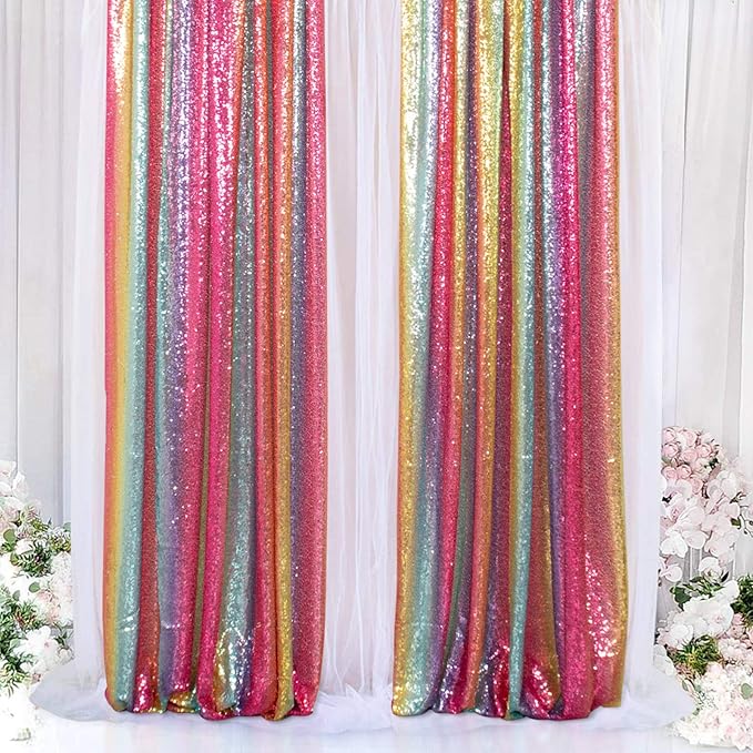 ShinyBeauty Rainbow Backdrop 2FTx8FT Sequin Curtains 8 Panels Photo Backdrops Colorful Curtain Shimmer Background Sparkly Fabric Drapery for Party,Studio,PHOTOBOOTH