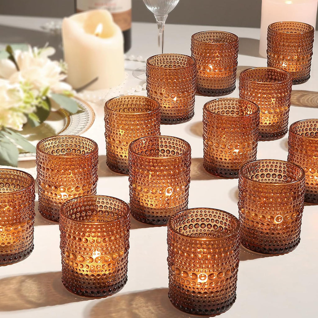 12Pcs Amber Votive Candle Holders 2x2.5in, Glass Tea Light Candle Holder for Wedding Table Decor & Christmas Thanksgiving