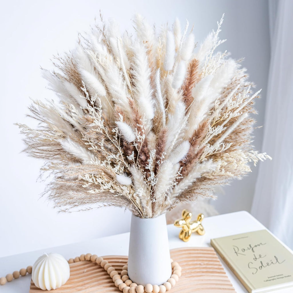 96PCS Natural Dried Pampas Grass Boho Home Decor Bouquet Phragmites Dried Flowers Bouquet for Wedding Floral Arrangements Living Room Decorations (96PCS)