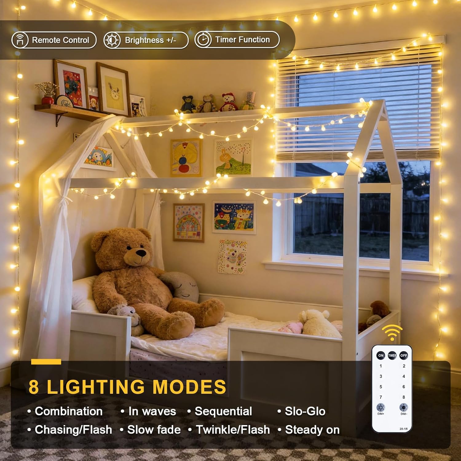 JMEXSUSS 100 LED Globe String Lights Indoor Bedroom, 33ft Classroom Lights | Connectable Warm White Christmas Lights Plug in with Remote, 8 Modes Hanging Fairy Lights Outdoor for Room Party Spring Home