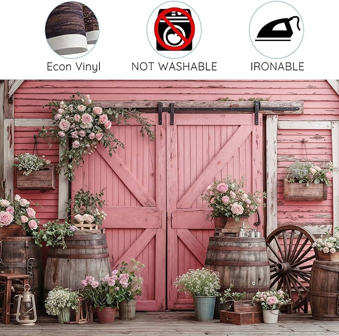 9x6ft Country Wedding Photography Backdrop Rustic Barn Door Photography Backdrop Farmhouse Pink Flower Cabin Wooden Birthday Baby Shower Wedding Bridal Party Banner Photo Booth Props Background