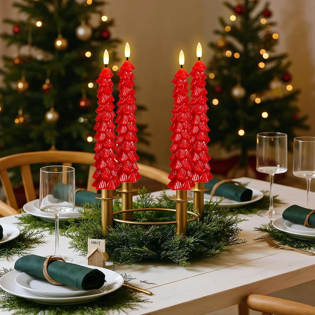 Christmas Tree Candles Battery Operated, Red Waxy Christmas Tree Flameless Taper Candles with Remote Timer, Set of 4 LED Flameless Candlesticks for Xmas Holiday Home Winter Decor(0.78”x9.8”)