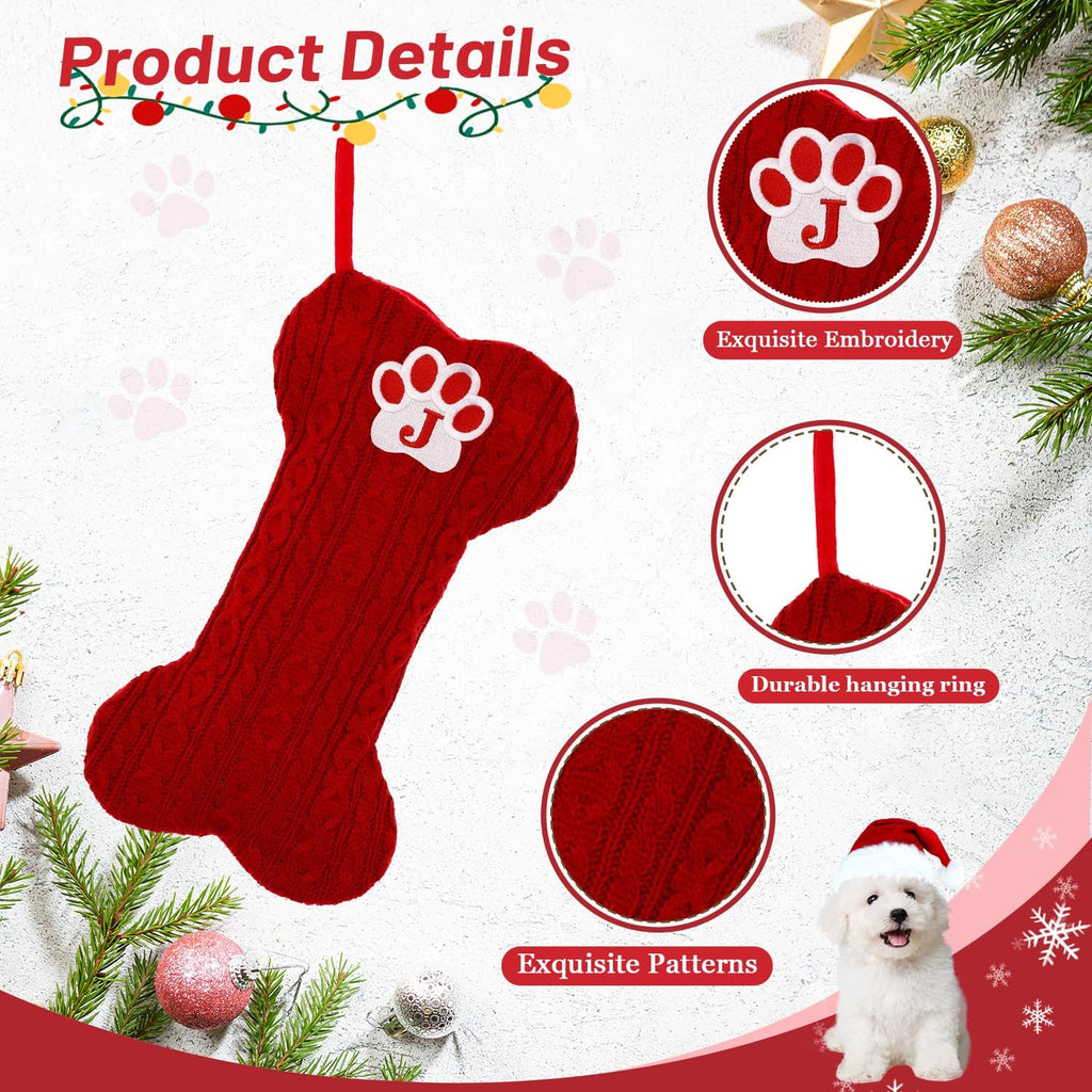 Dog Stocking with Initials，Bone Christmas Stocking with Letters,Large Knit Embroidered Monogram Christmas Stocking for Dogs Cats,Xmas Stockings for Pets Red M