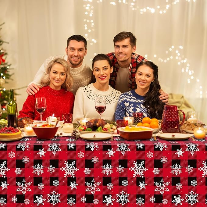 1 Pieces Red and Black Buffalo Plaid Merry Christmas Party Tablecloth Decorations,Plastic White Snowflake Buffalo Plaid Sign Table Cover for Winter Christmas Holiday Party Supplies,54x108 inch