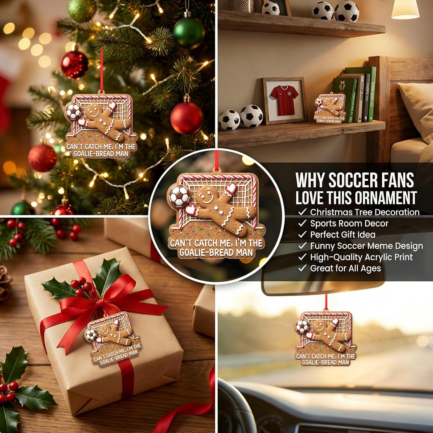 WaaHome Funny Meme Gingerbread Man Soccer Christmas Ornaments 2026 - World Soccer Gag Gifts for Football Players Fans Boys Men Dad Brother Girls Women Kids, Acrylic Soccer Cup Party Decorations