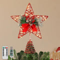 Lewondr Christmas Tree Topper, 8'' Small Metal Christmas Star Tree Topper with Pine Leaves and Bow, 30 LED Bulbs, 6H Timer, 8 Light Modes, USB & Remote Control Star Treetop for Home Xmas Decor, Red