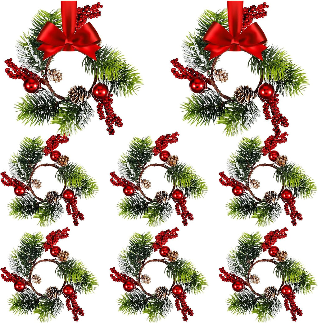 8 Sets mini Christmas Candle Rings Wreaths Berry Pinecone Red Poinsettia Wreaths Rings Xmas Mini Candle Holders for Christmas Wedding Table Centerpiece Decor (Simple)