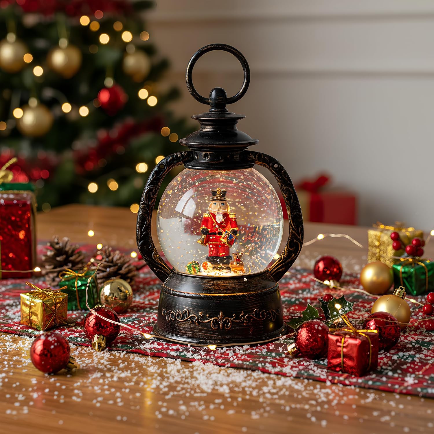 Christmas Snow Globe Lantern Water Glittering Nutcracker with Music & Timer, USB Lined/Battery Operated Lighted Lantern for Christmas Festival Decoration Gifts
