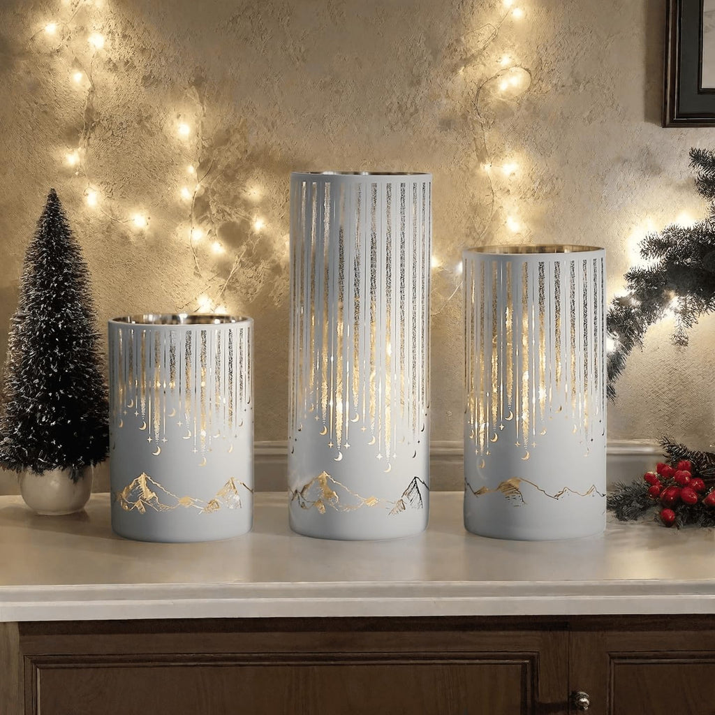 Starry Night Hurricane Candleholders with Warm LED Lights & Remote Timer, Elegant Twinkling Decorative Centerpieces for Wedding, Dining Table, Living Room, Mantel Décor, Set of 3 (White)