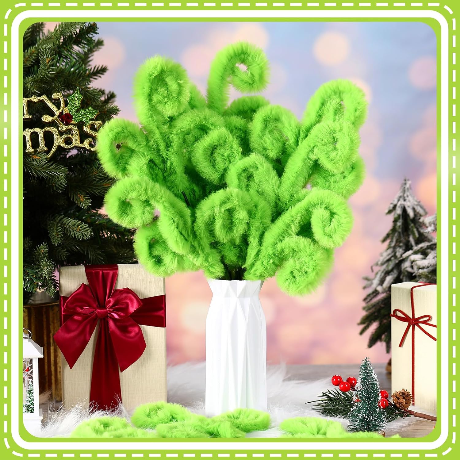 Daifunli 15 Pcs Christmas Tree Topper 12 Inch Tree Decorations Lime Green Furry Christmas Picks Furry Spiral Curly Picks Sprays Topper for Filler Wreath Vase Filler Branches Home Decor
