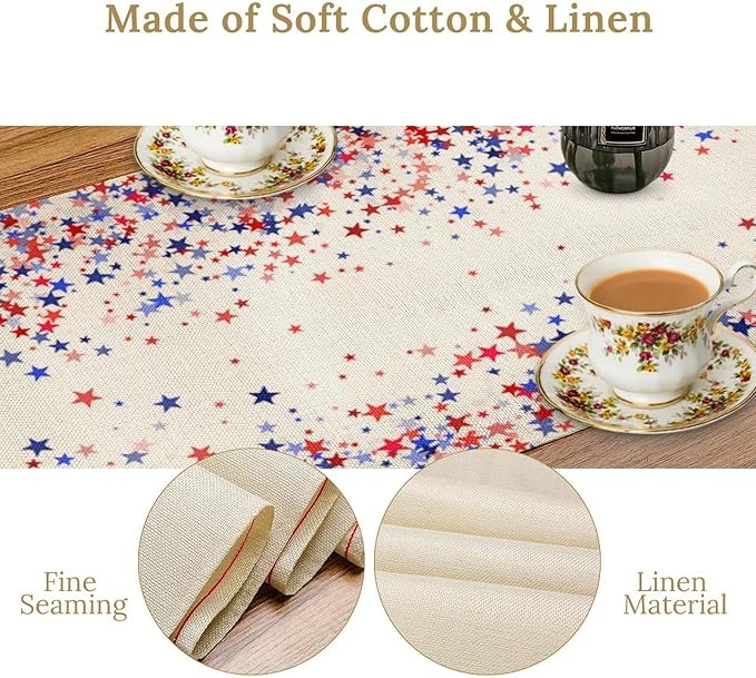 Independence Day Table Runner, 4th of July Red Blue Stars American President Day Holiday Confetti Print Table Cover for Kitchen Dining Table Indoor Outdoor Party, 13x36inch