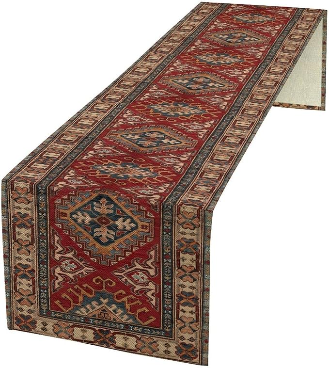 Boho Floral Vintage Table Runner, Red Grey Retro Flower Rustic Country Farmhouse Abstract Pattern for Home Kitchen Table Decor Dining Coffee Room Party Decor 13x108in
