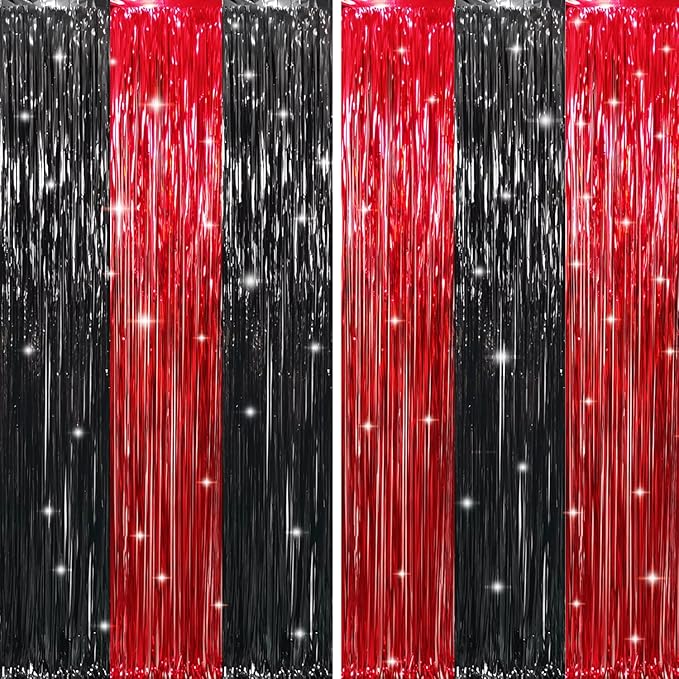 GOER 6.4 ft x 8.2 ft Metallic Tinsel Foil Fringe Curtains,Pack of 2 Party Streamer Backdrop for Birthday,Graduation Decorations and New Year Eve (Black&Red)
