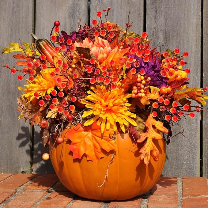 40 Pcs Artificial Berry Stems Branches, Fall Halloween Faux Holly Berries Picks and Sprays Ornaments for Thanksgiving Wreath DIY Craft Decorations Holiday Home Decor (40, Orange)