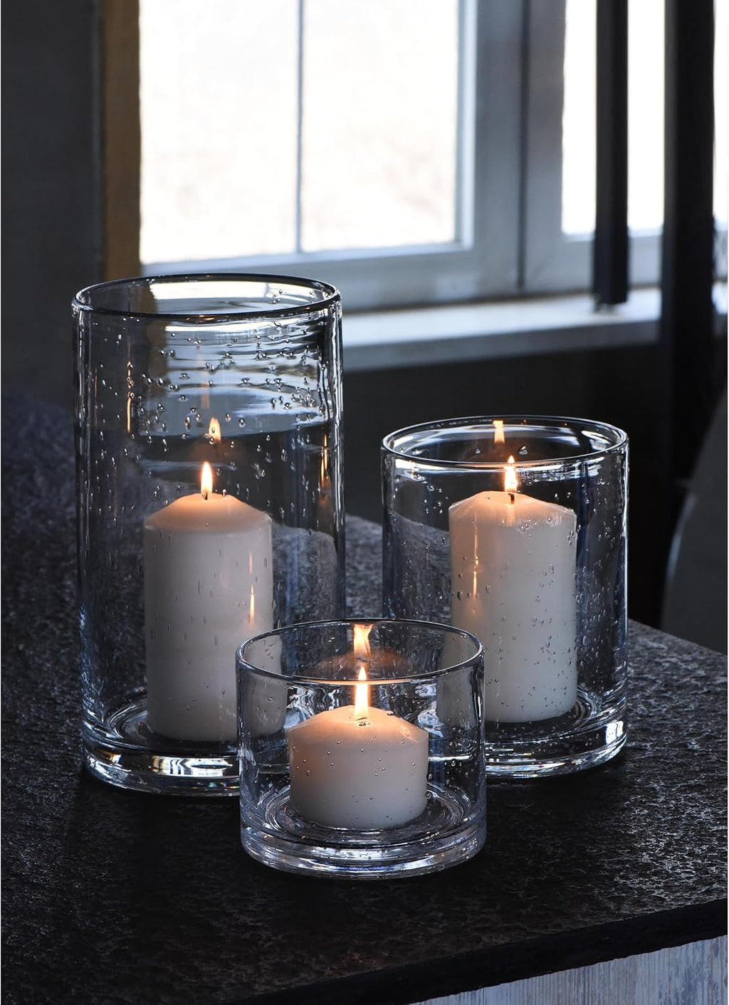 Hurricane Candle Holders Glass Cylinders Set of 3 (10" 7" 4") | Clear Seeded Bubbles, Cylinder Vases For Pillar Candles, Modern Rustic Table Centerpiece Decor
