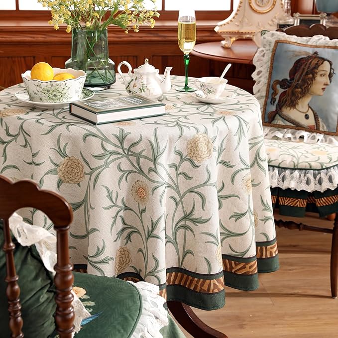 patdrea Designer Idyllic Linen Round Tablecloth,French Table Cloth with Floral Pattern,Provencal Decoration Tablecloths for Kitchen Dining,Christmas,Thanksgiving,Diameter 67"-Littledaisy