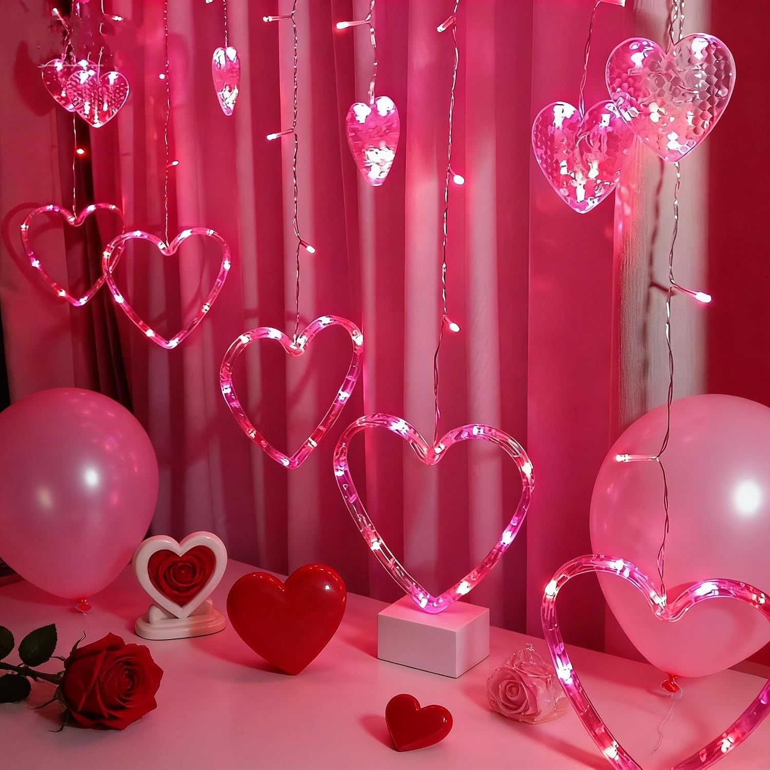 Efunly Valentines Day Decor Lights,138 LED 12-Heart-Shaped String Lights Waterproof,8 Modes Connetable 29V Plug in Curtain Lights for Kids Bedroom Wedding Party Valentines Day Decoration (Red+Pink)