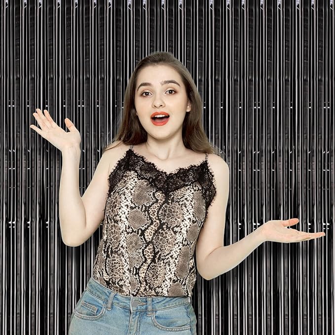 2 Pack Black Foil Fringe Backdrop Curtains, Tinsel Streamers Birthday Party Decorations, Fringe Backdrop for Graduation, Baby Shower, Gender Reveal, Disco Party