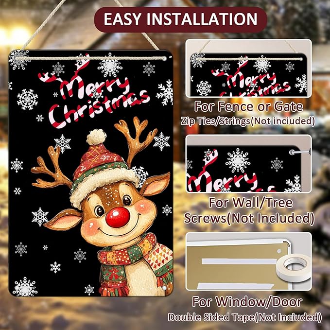 Christmas Reindeer Metal Tin Sign - Merry Christmas Sign for Outdoor & Indoor Decoration - 8x12Inch