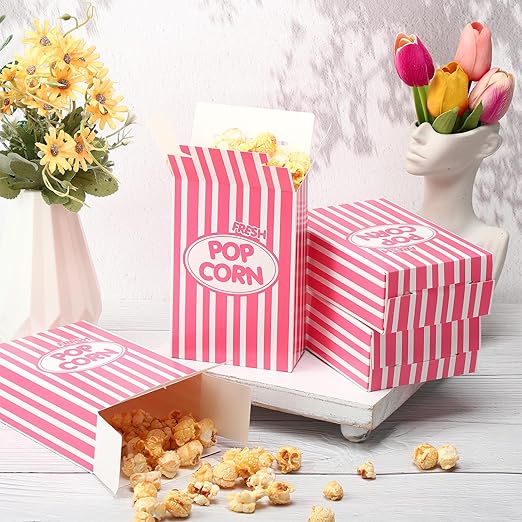 Xinnun 200 Pcs Paper Popcorn Boxes 1 oz Close Top Oil Proof Disposable Popcorn Container 6 x 4 x 2 Inch Stripes Leak Proof Popcorn Boxes for Party Movie Party Theater Night Birthday (Pink)