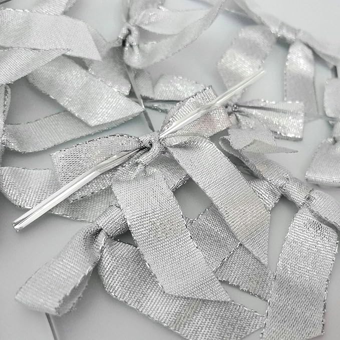 50pcs 2-1/2" Metallic Satin Silver Bows for Crafts Pretaied Christmas Bows with Twist Ties Hot Cut Tails for Christmas Decoration (Silver)