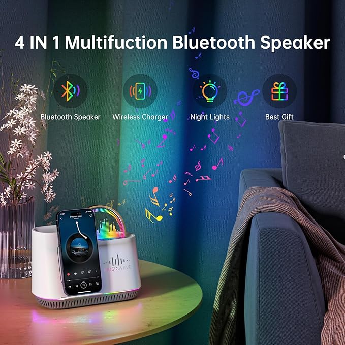 Night Lights Bluetooth Speaker, 15W Wireless Charger with Phone Holder, Touch Control Bedside Lamp with Dynamic Colored Music Light, Dimmable Light Room Decor for Teenage Girls Boys Gifts