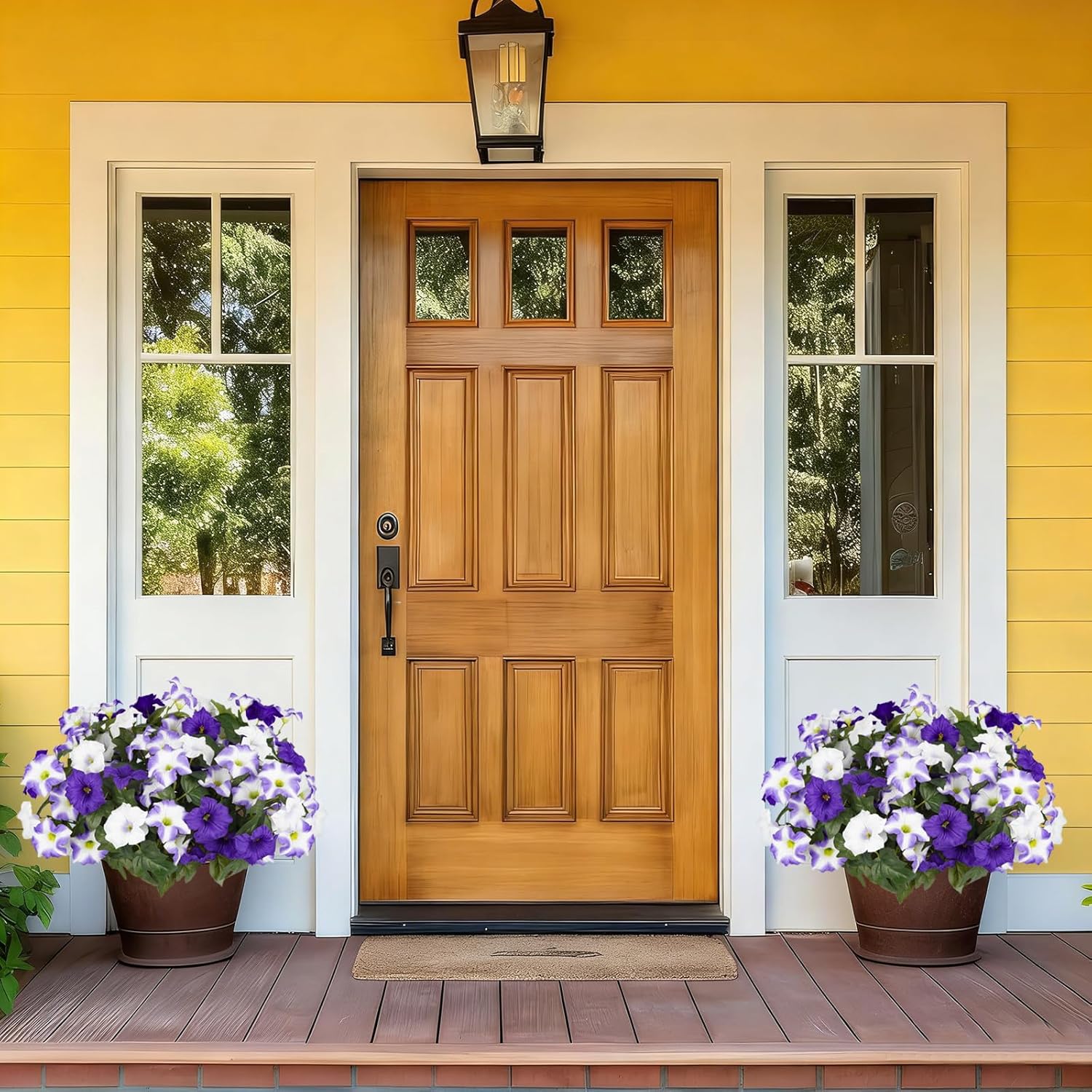 Artificial Flowers for Outdoors, Faux Petunias Spring Summer Decoration, Fake Flowers Plants UV Resistant Look Real Silk Flowers for Outside Planter Front Door Porch Patio Yard (6, Purple-White)