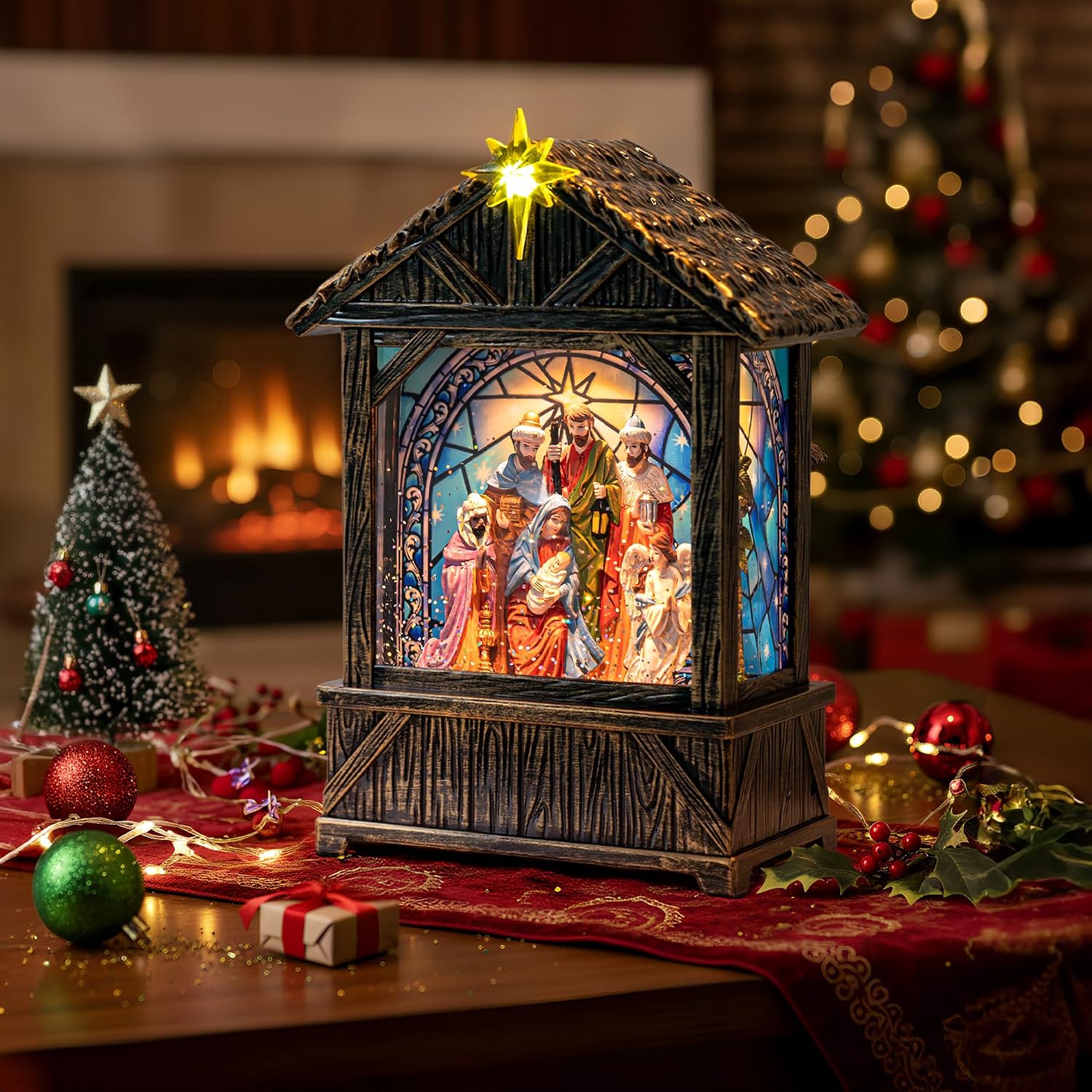 Nativity with Star Musical Lighted Water Creche with Swirling Glitter, Christmas Snow Globe Adoration of The Magi Nativity Manger Scene, Holiday Decorations Gifts for Family, Children or Friends