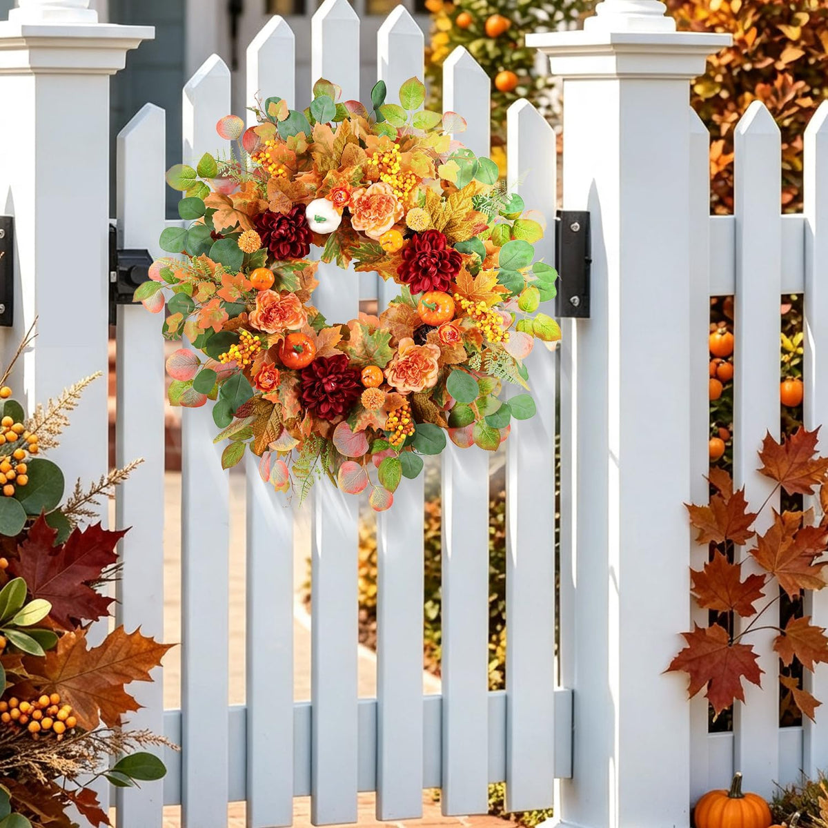 26 Inch Fall Wreaths for Front Door with Orange Camellia & Burgundy Dahlias