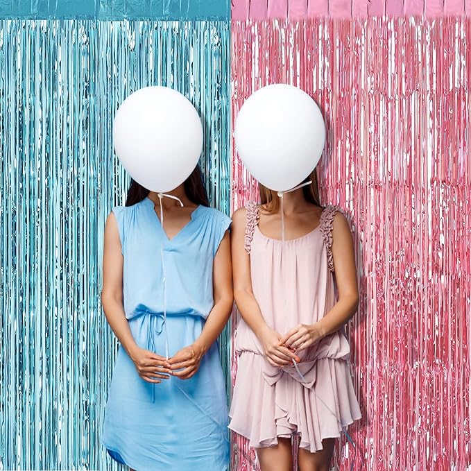 4 Pack 3.2Ft x 6.6Ft Pink Blue Fringe Curtain Backdrop, Metallic Tinsel Foil Fringe Streamers Curtains Background for Photo Booth Wedding Gender Reveal Backdrop Boy or Girl Birthday Party Decoration
