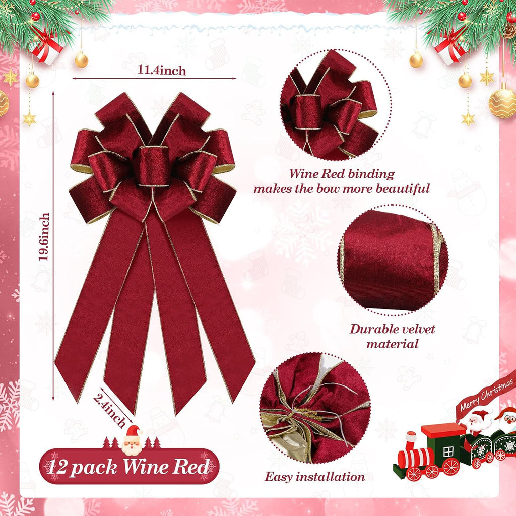 Yinkin 12 Pack Christmas Velvet Wreath Bows 11.4"x19.6" Large Christmas Tree Topper Bow for Winter Xmas Home Party Front Door Fireplace Stairs Railing Mailbox Decor (Wine)