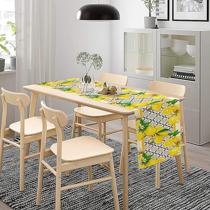 Lemon Table Runner,Spring Summer Seasonal Yellow Blue Table Runner for Kitchen Dining Table Home Party Decoration 13x108 Inch