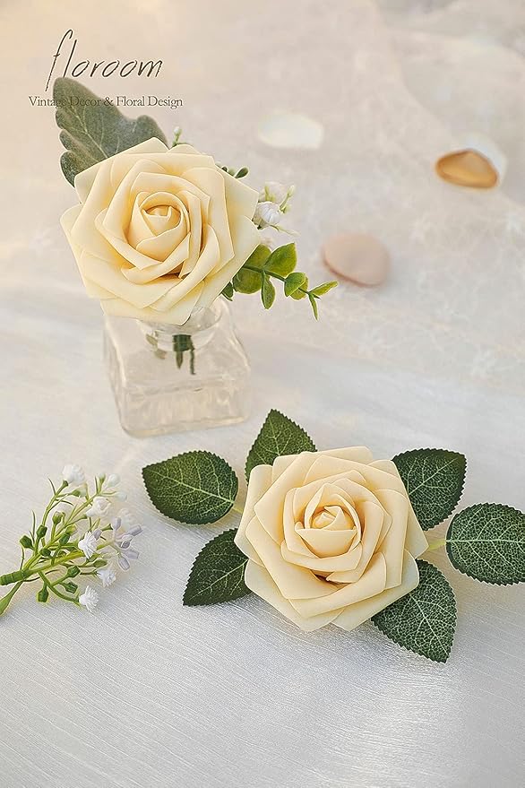 Floroom Artificial Flowers 25pcs Real Looking Creamy Yellow Foam Fake Roses with Stems for DIY Wedding Bouquets Bridal Shower Centerpieces Floral Arrangements Party Tables Home Decorations